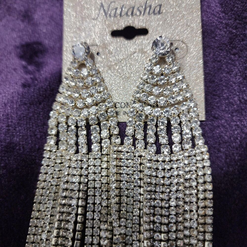 Natasha Silver Tone CZ Crystal Long Tassel Earrings NWT